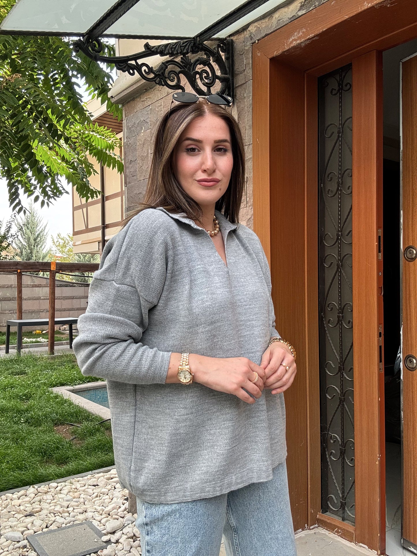 Polo Yaka Basic Triko Kazak - GRİ