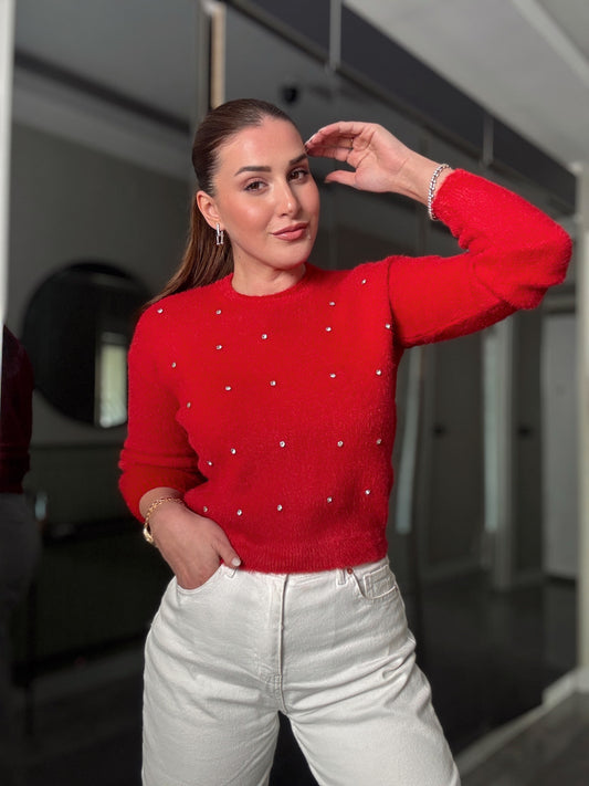 Taşlı sakal triko bluz kırmızı