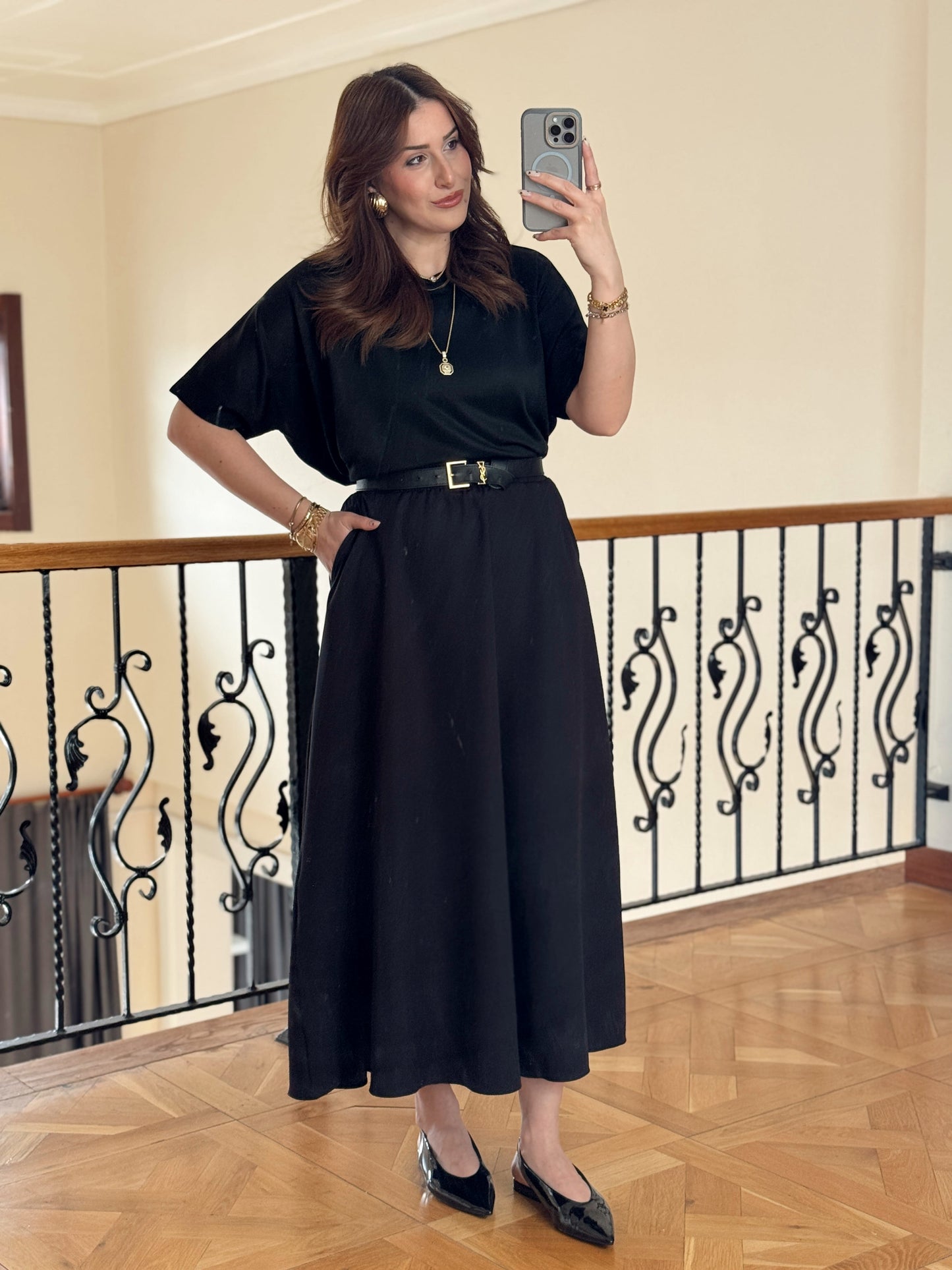 Double Yanı Cepli Etek-SİYAH