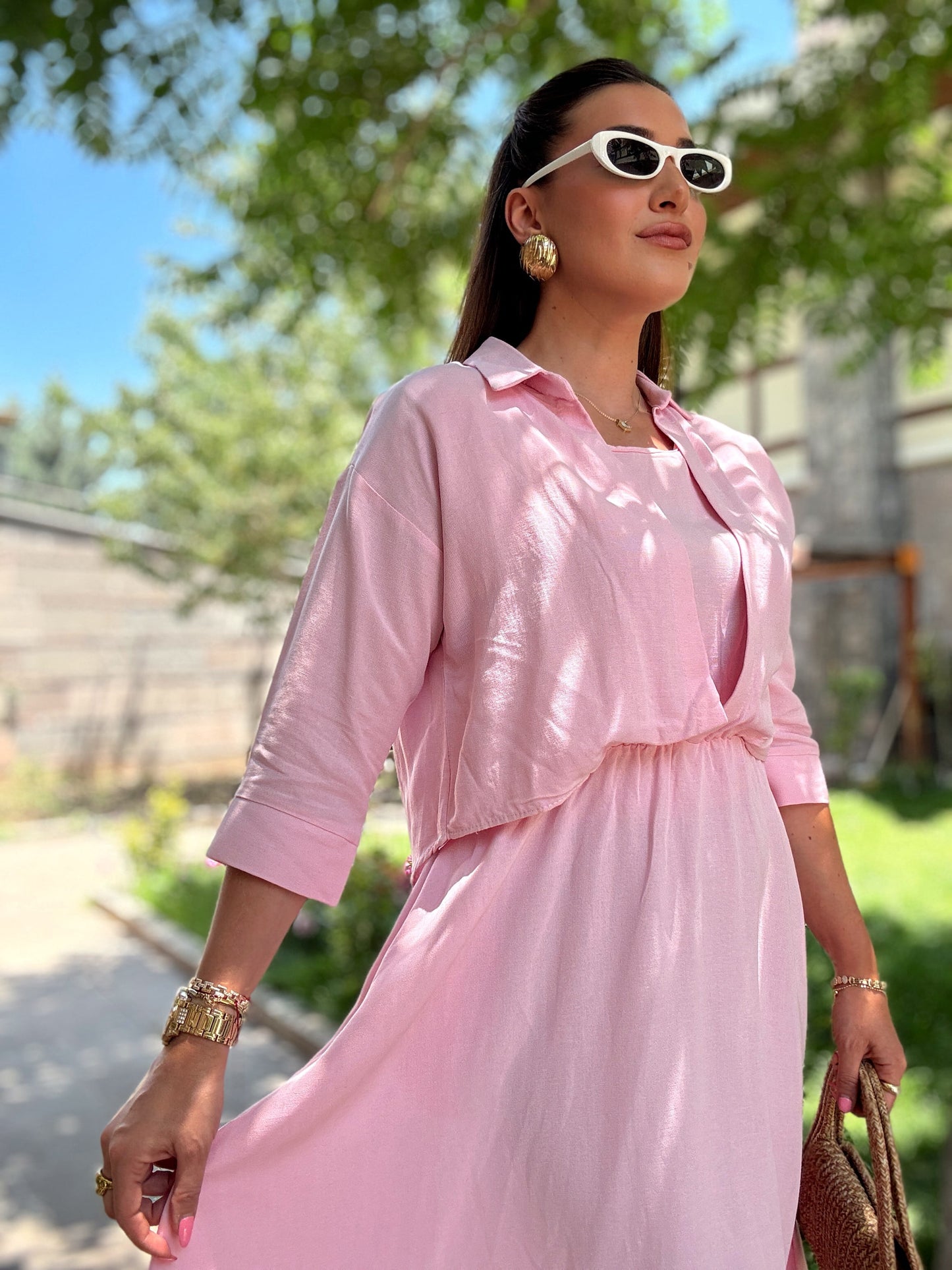 Gömlekli keten elbise Pembe