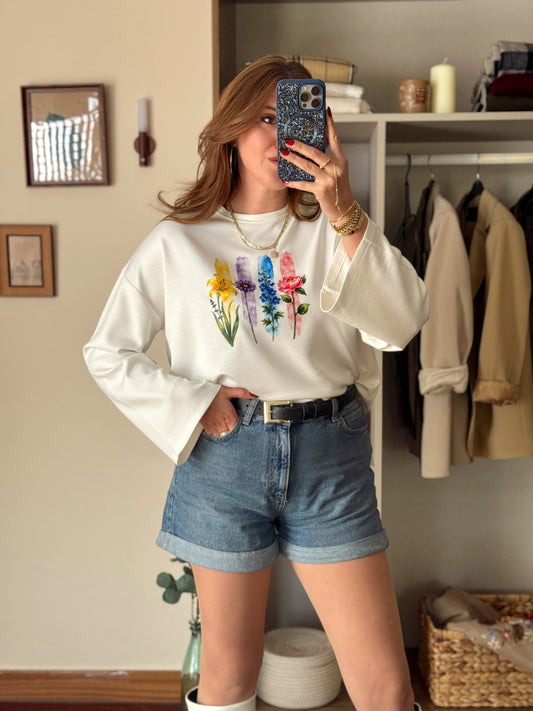Çiçek desenli modal sweat Beyaz