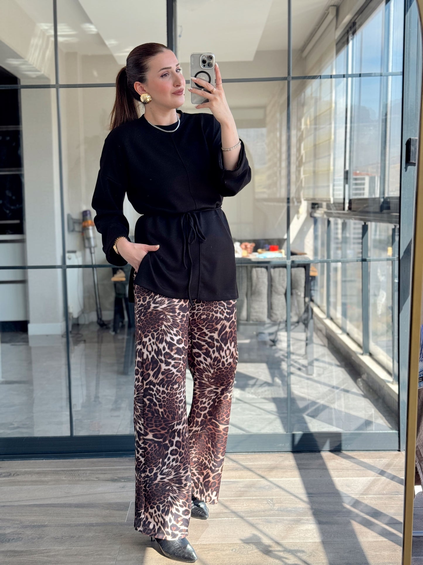 Digital Baskı Palazzo Pantolon - KAHVE LEOPAR