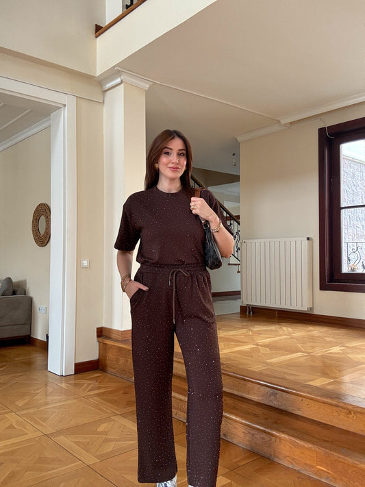 Taşlı kısa kollu ikili takım Kahve