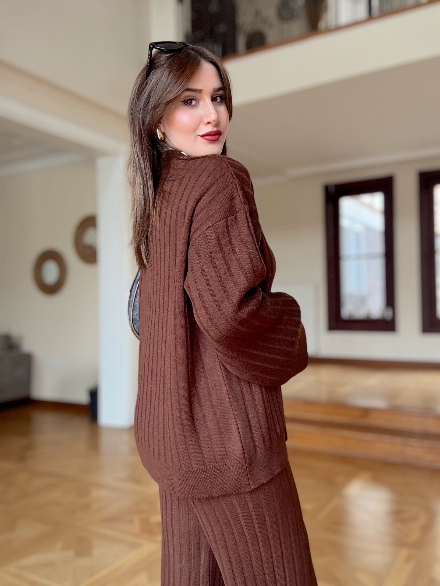 Düğmeli salaş triko takım Kahve