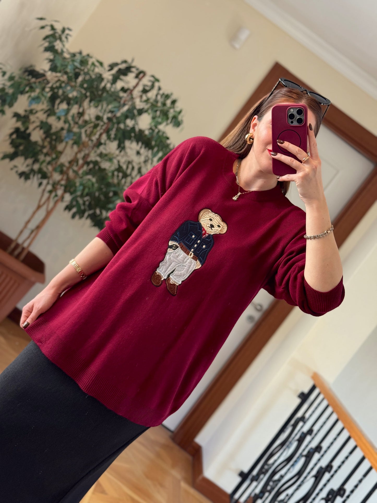 Oversize Ayıcık İşlemeli Kazak BORDO