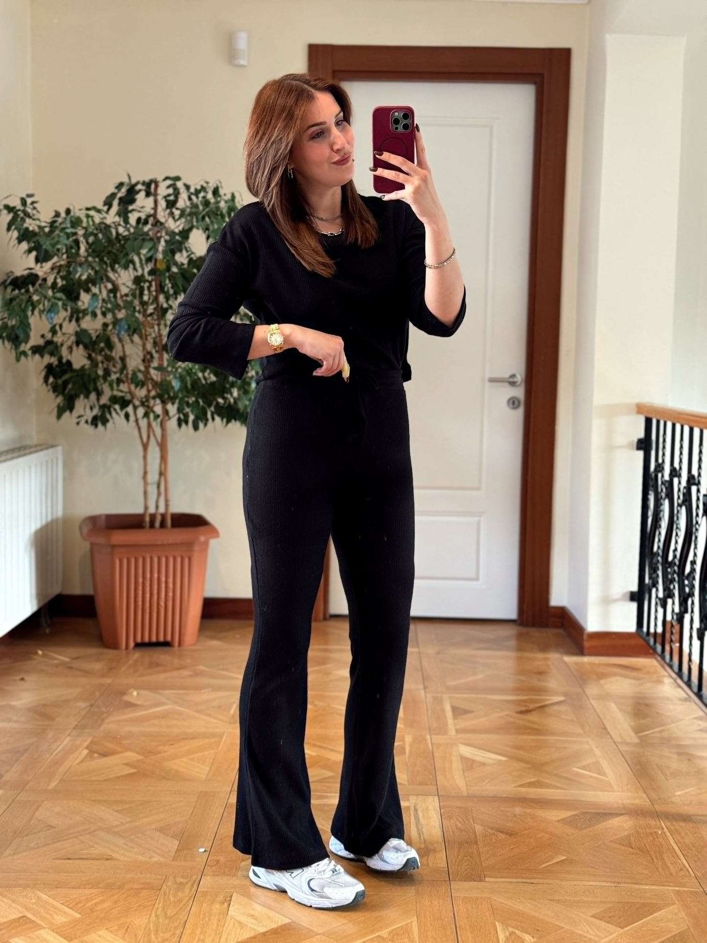 Fitilli bisiklet yaka crop bol paça pantolon takım-SİYAH