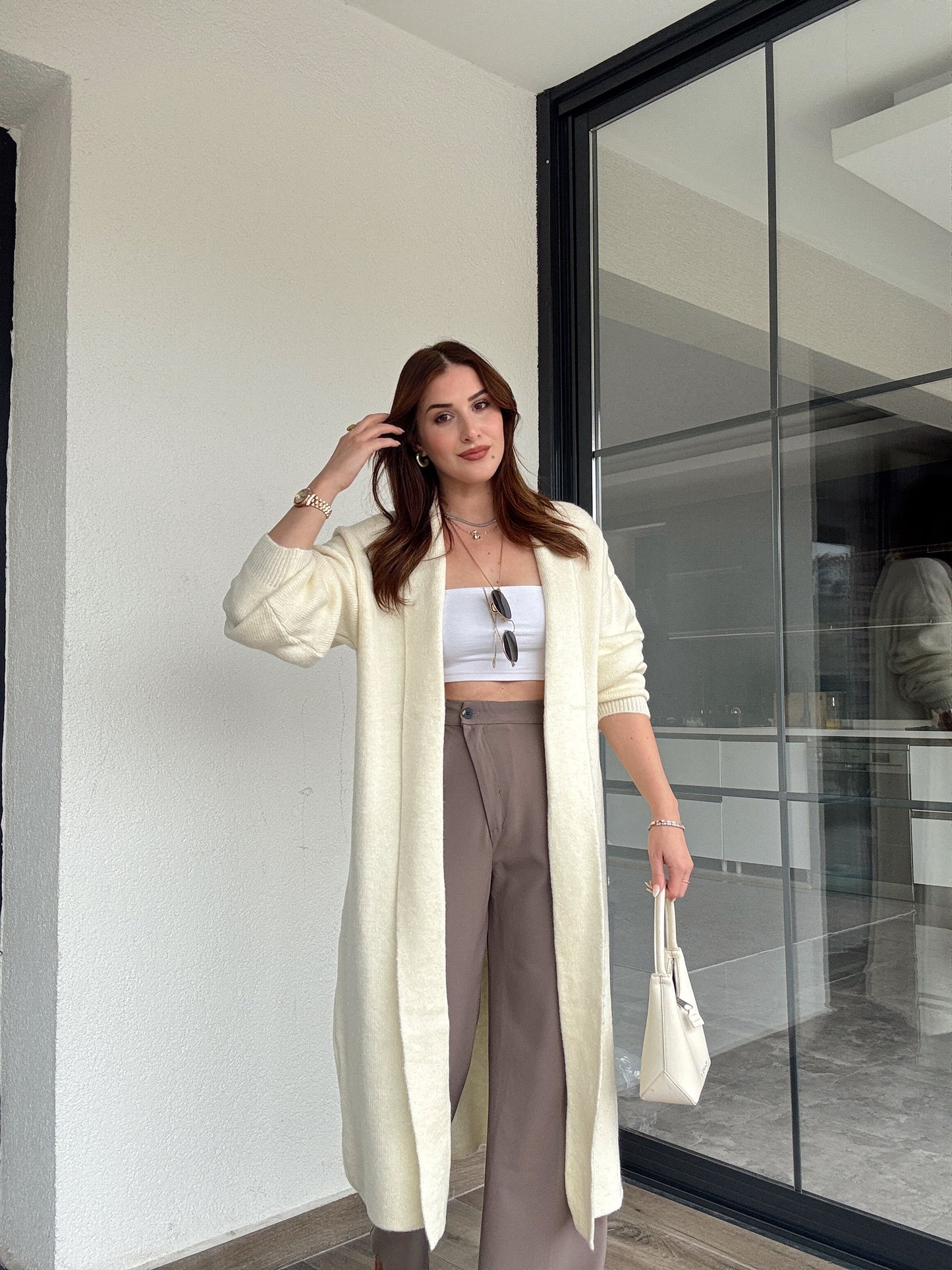 Şardonlu uzun hırka-BEJ