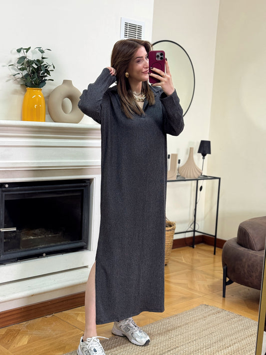 Polo yaka çift yıtmaç elbise-ANTRASİT