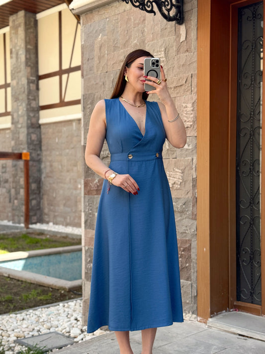 Keten düğmeli uzun elbise MAVİ