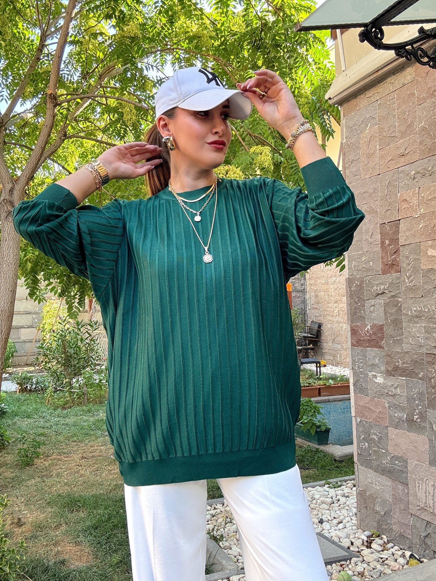 Şerit detaylı oversize premium kazak Zümrüt