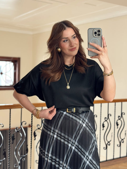 Kısa Kollu Oversize Triko Kazak-SİYAH