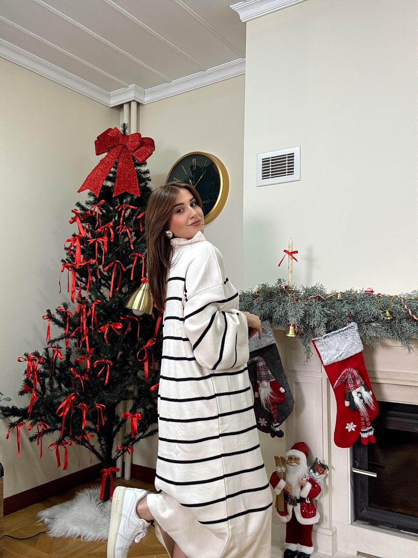 Fermuarlı çizgili triko elbise-LATTE