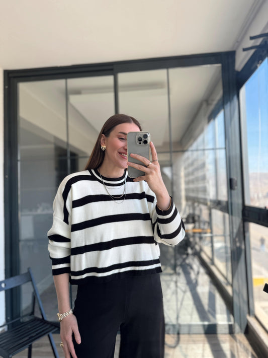Emily Bisiklet Yaka Çizgili Oversize Kazak - EKRU SİYAH