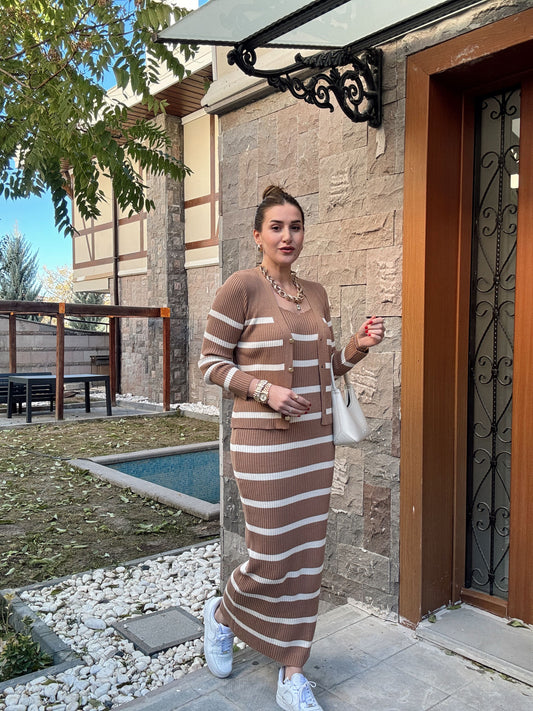 Çizgili Ceketli Elbise Takım CAMEL EKRU