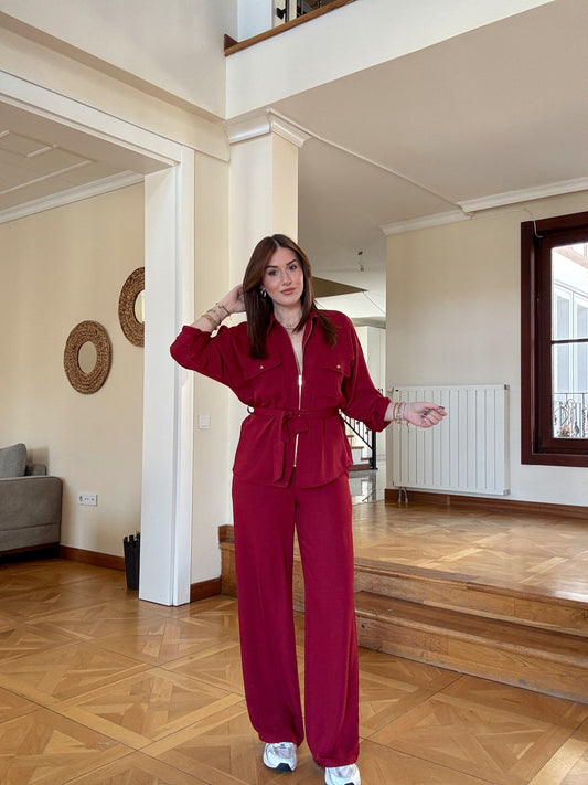 Tensel kumaş Gold Fermuarlı Kuşaklı Takım-BORDO