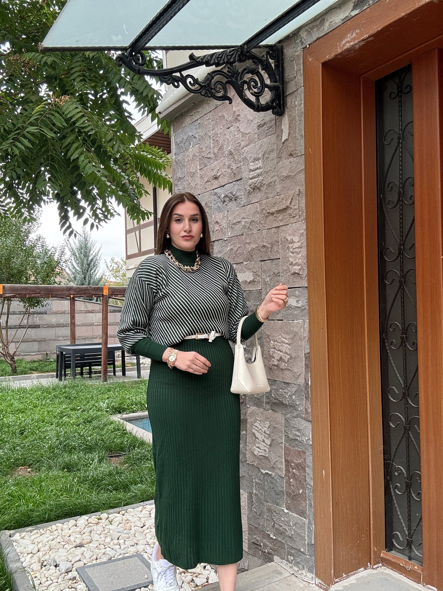 Yatay Çizgili Pikeli Jileli Takım - YEŞİL