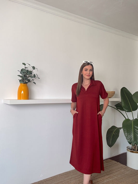 Polo yaka Modal Kumaş Elbise Bordo