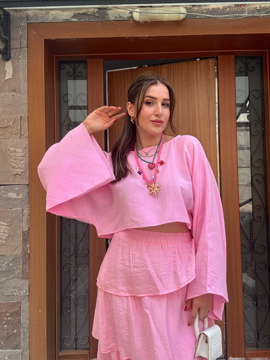 Yarasa kol crop müslin bluz PEMBE