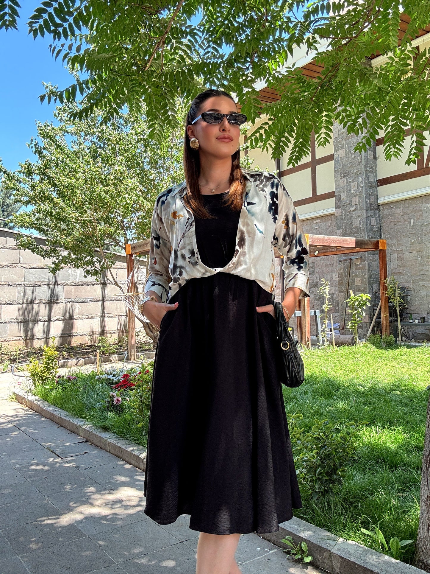 Batik desen gömlekli elbise Siyah