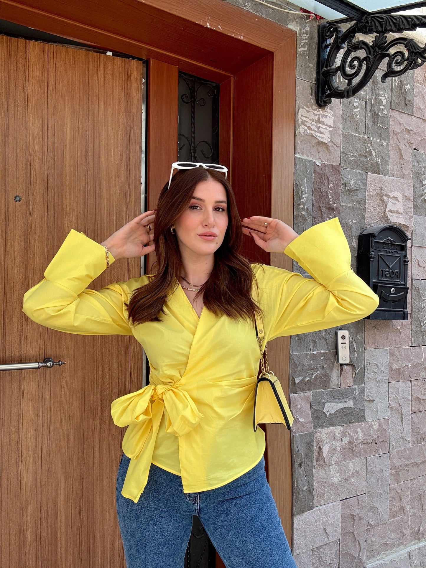 Bağlamalı basic poplin gömlek SARI