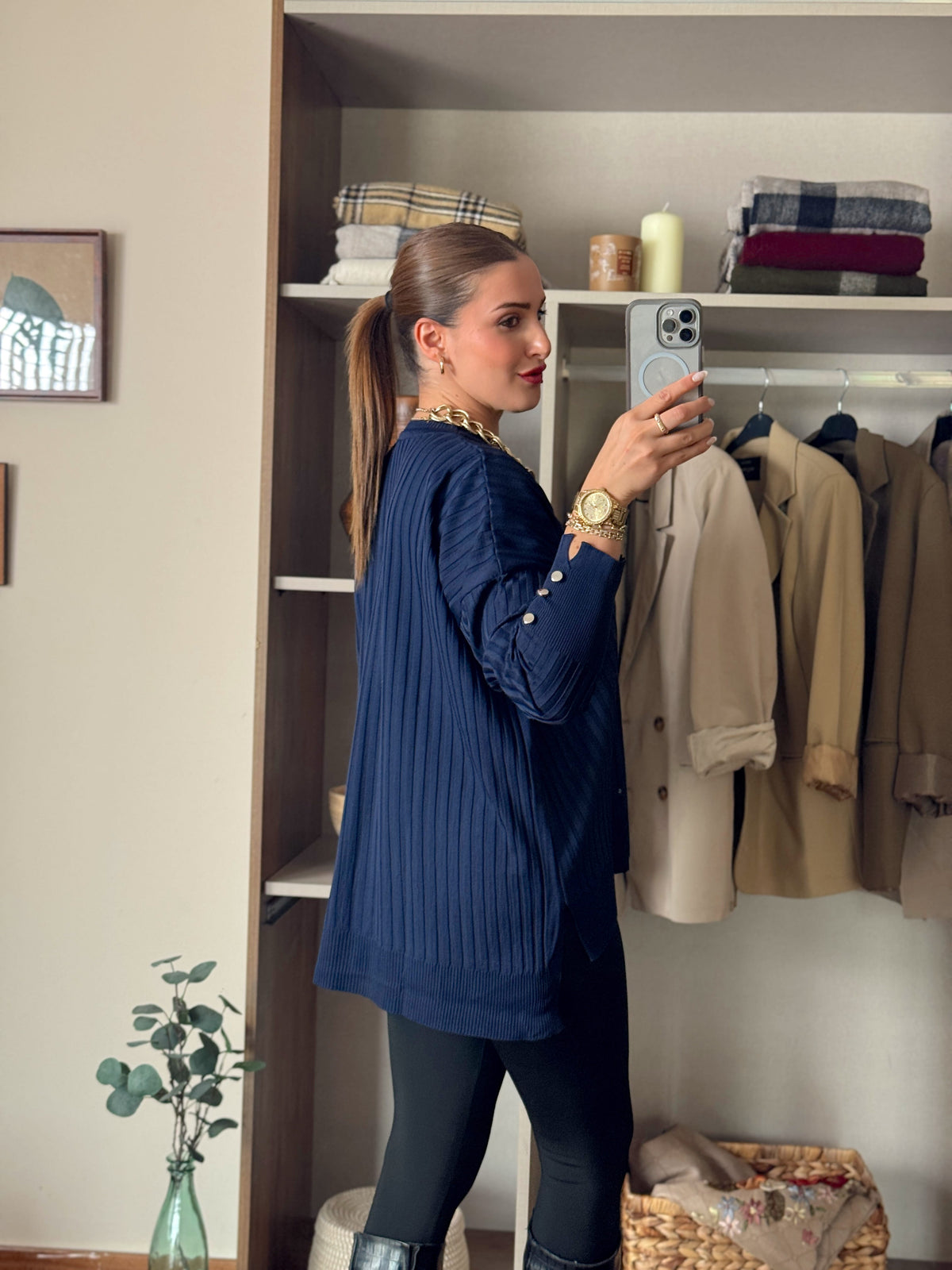 Oversize kesim düğmeli bol kazak Lacivert