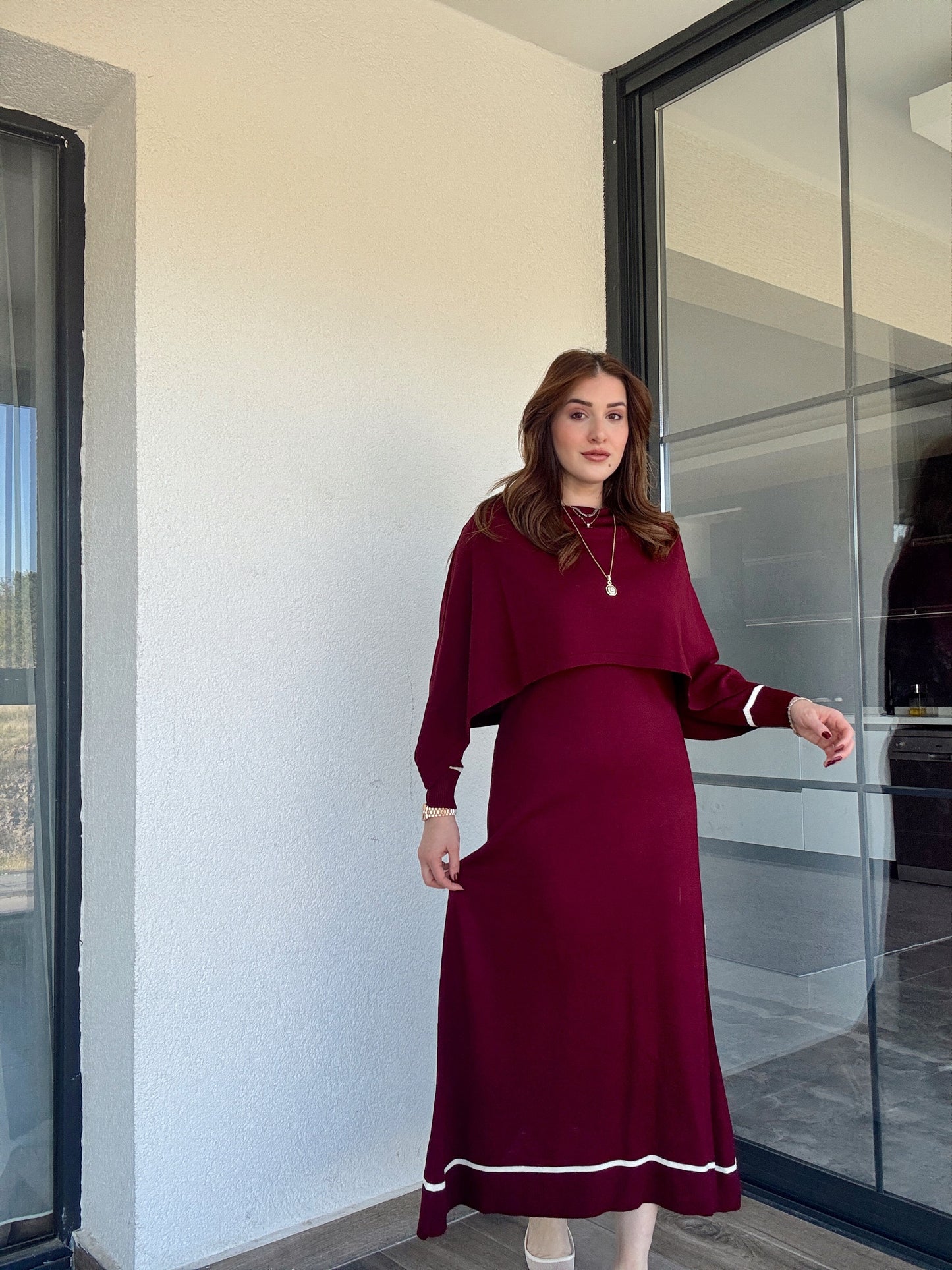 Çizgili pelerinli elbise-BORDO