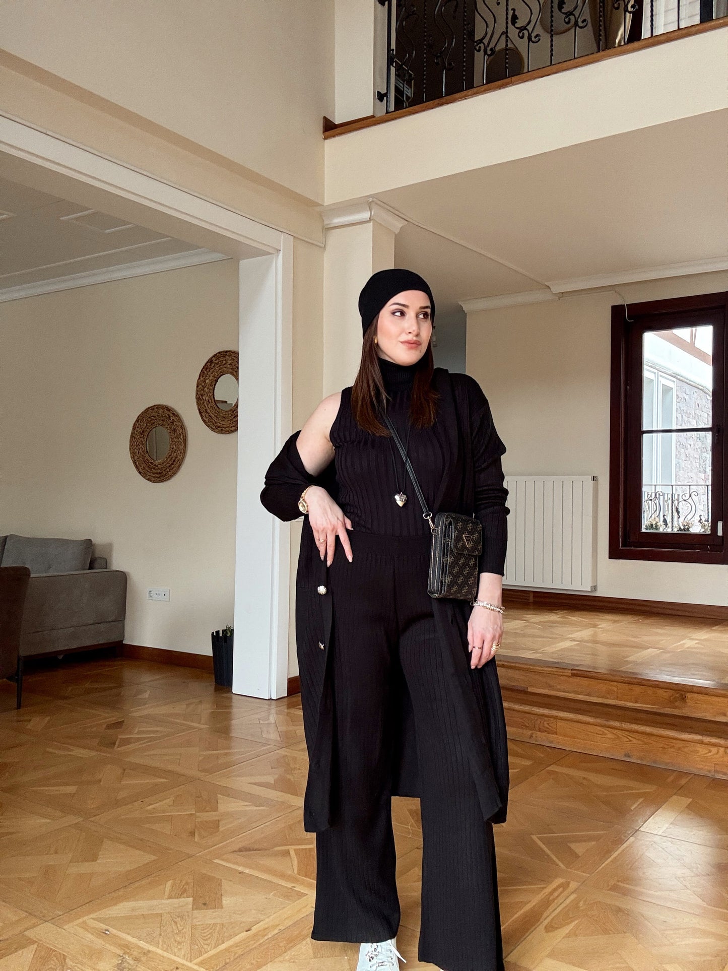 Düğmeli kapüşonlu pantolonlu takım-SİYAH