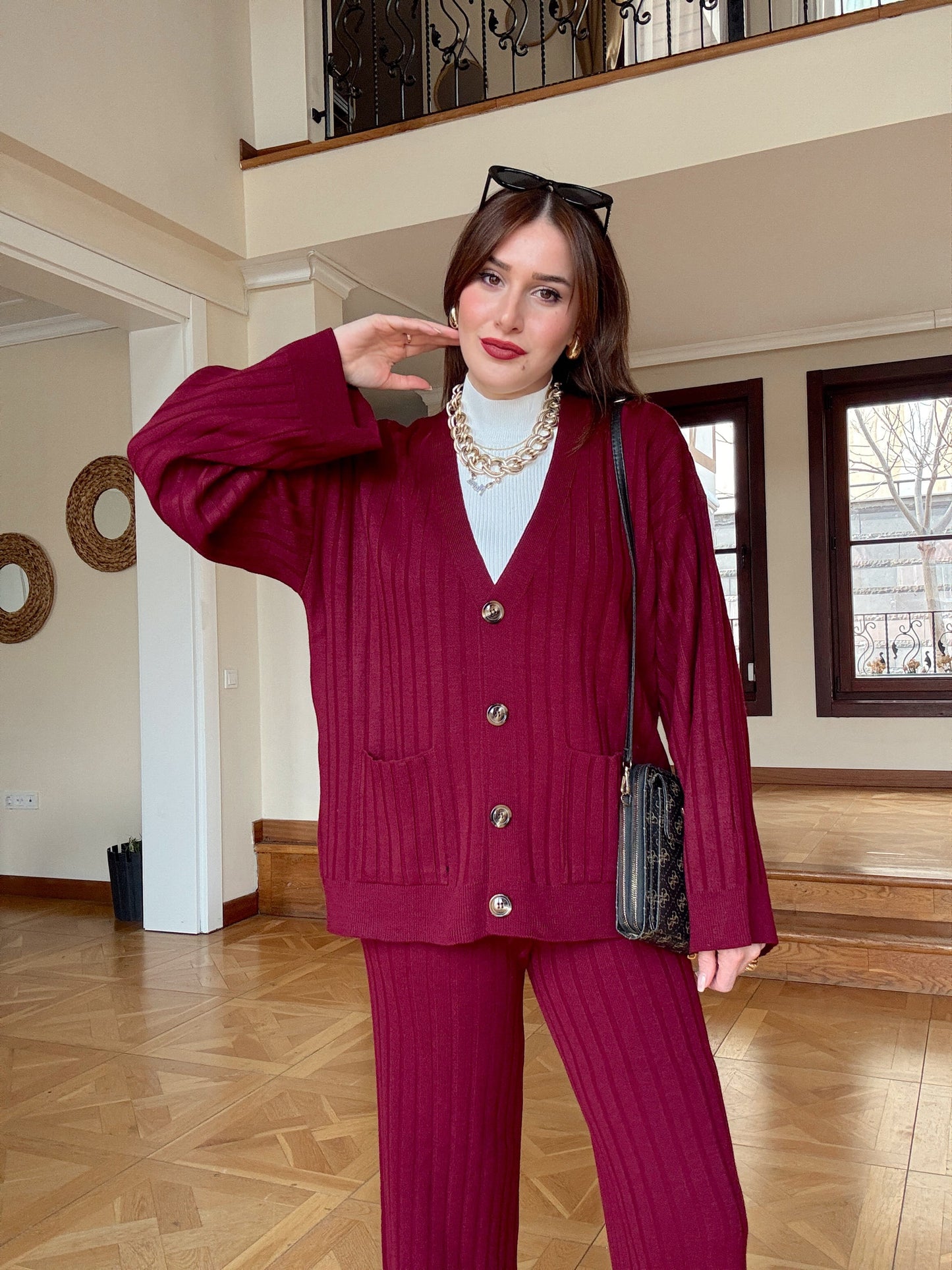 Düğmeli salaş triko takım Bordo