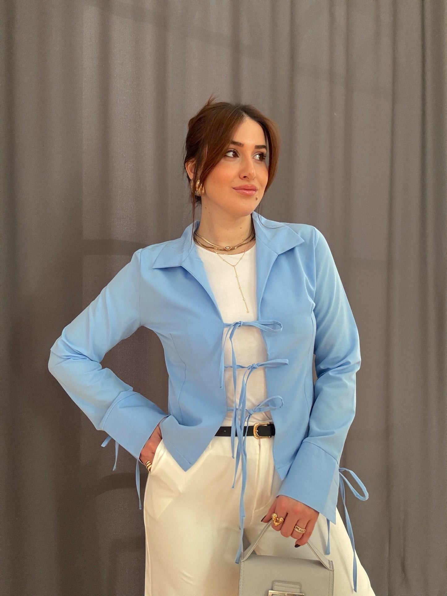 Bağlama Detaylı Bluz-MAVİ