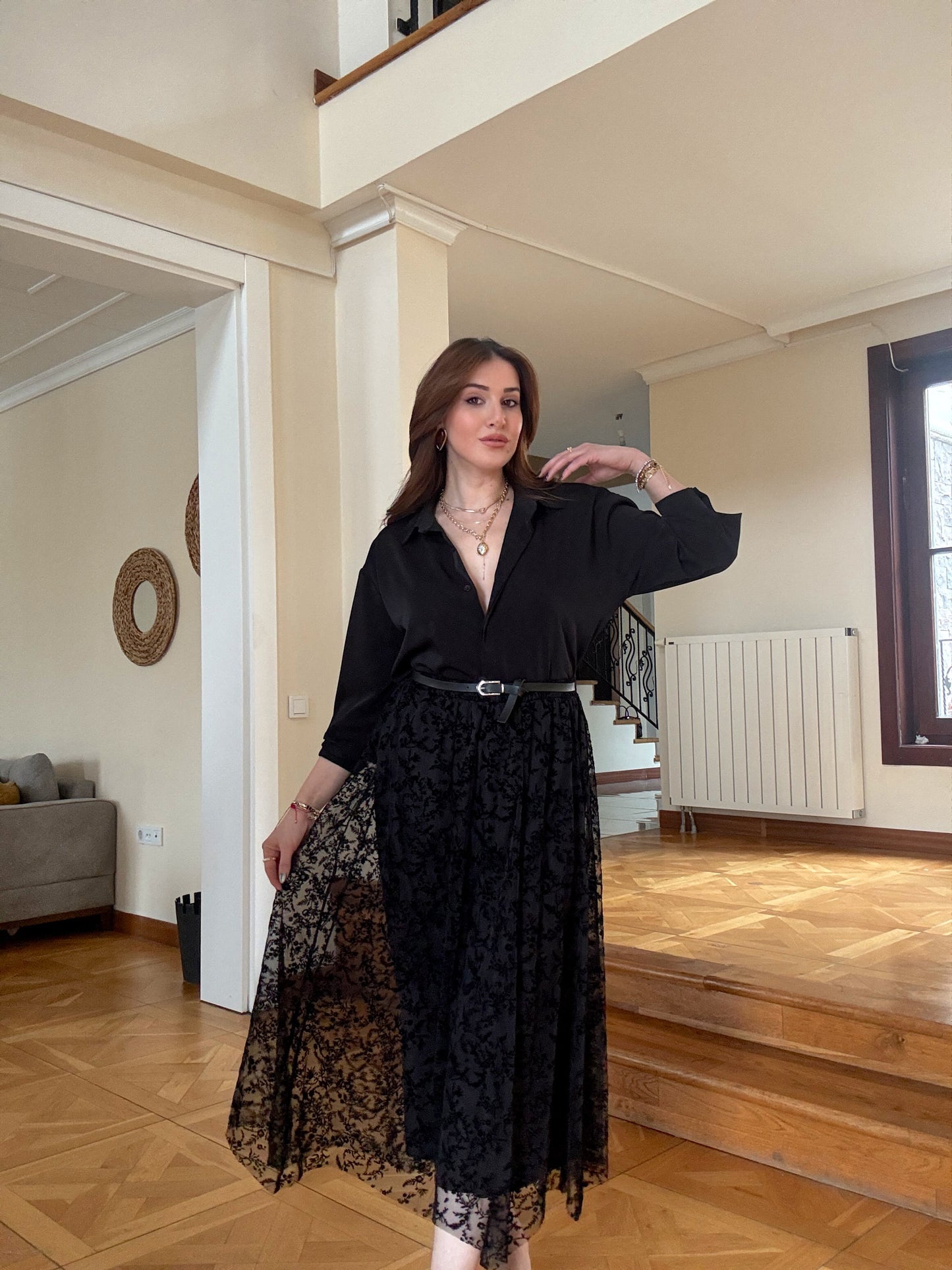 Dal desen astarlı şifon etek Siyah