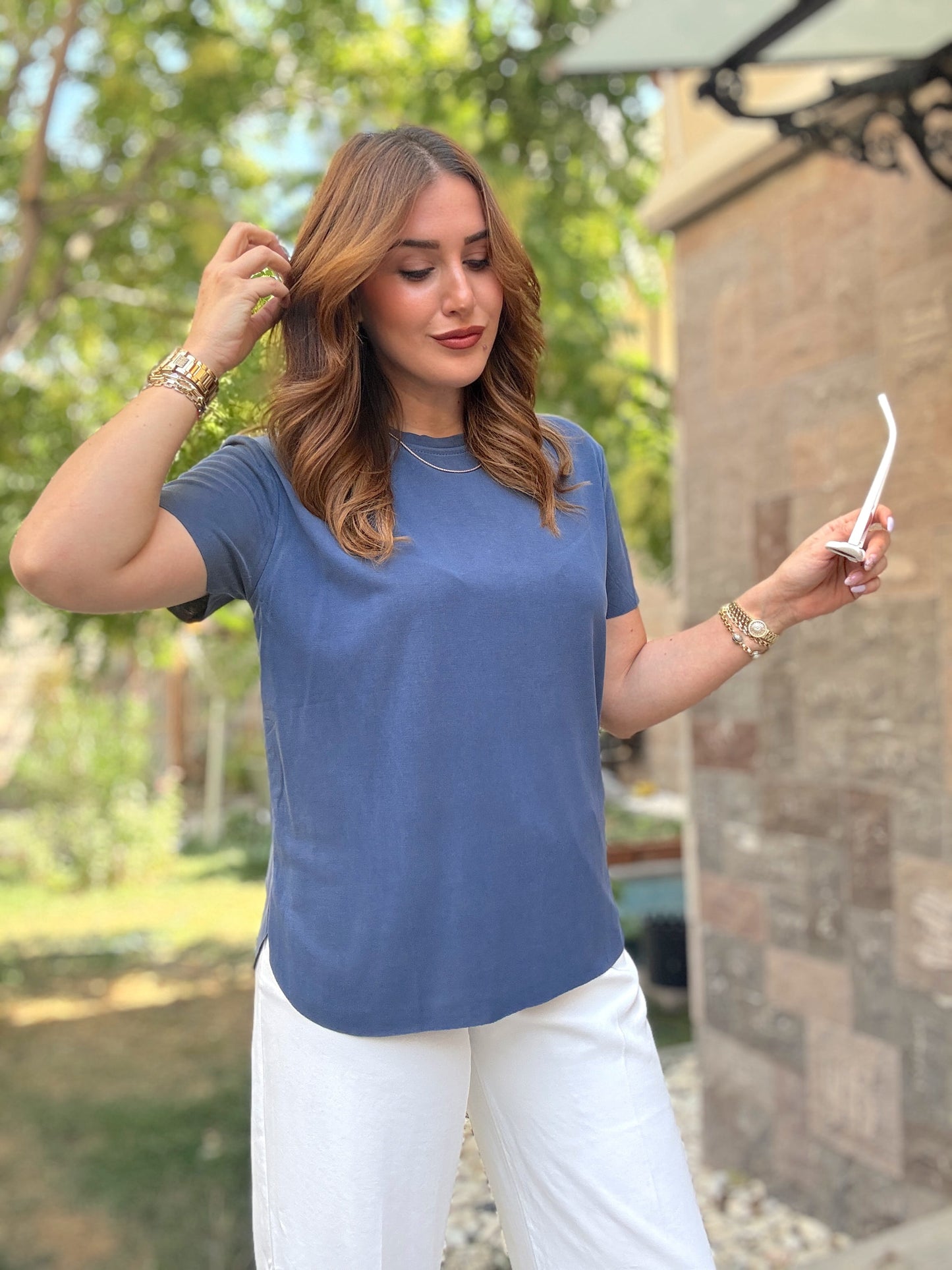 Tensel kumaş yırtmaçlı oversize tişört İndigo