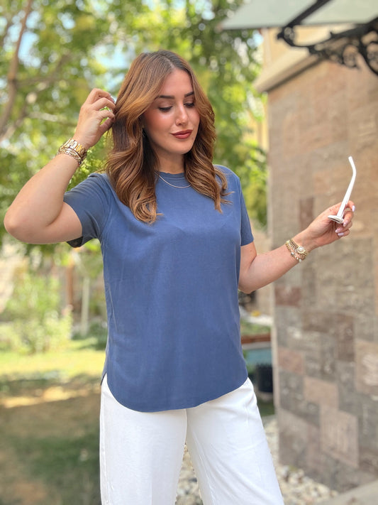 Tensel kumaş yırtmaçlı oversize tişört İndigo