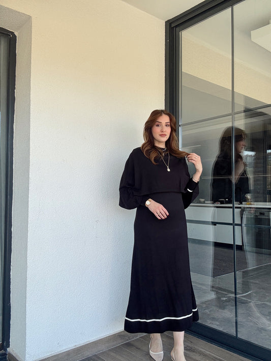 Çizgili pelerinli elbise-SİYAH