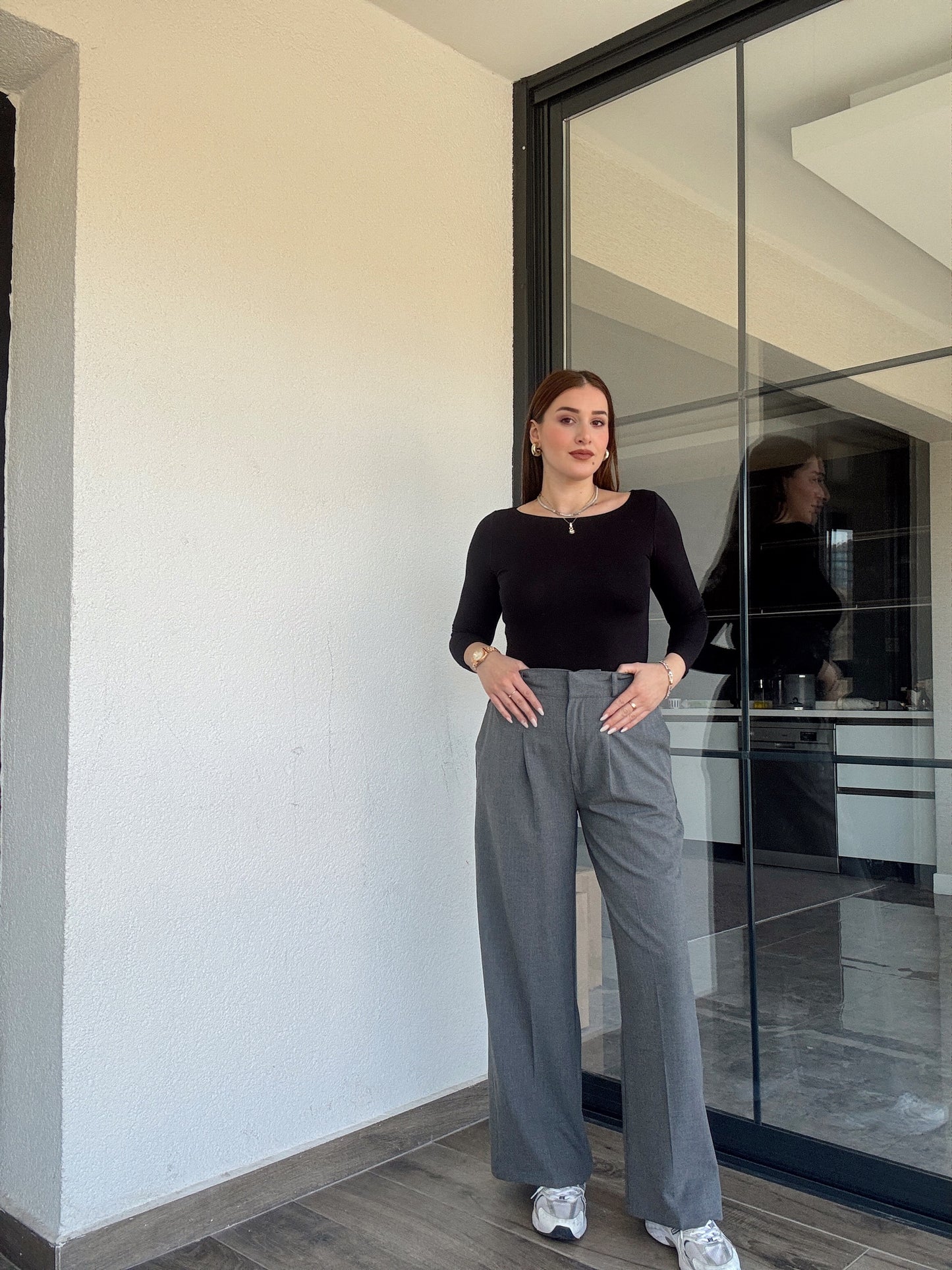 Çıtçıt detaylı palazzo pantolon-GRİ