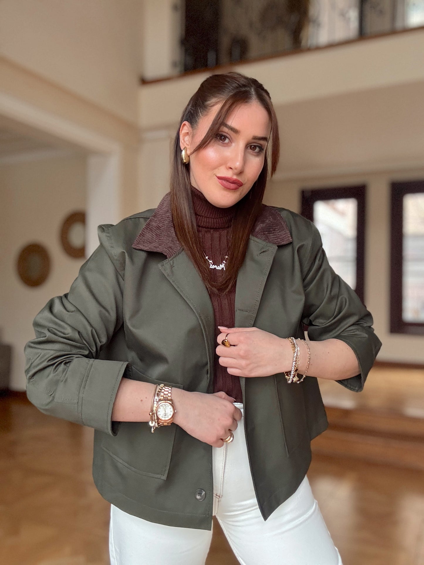 Garnili kısa trench Yeşil