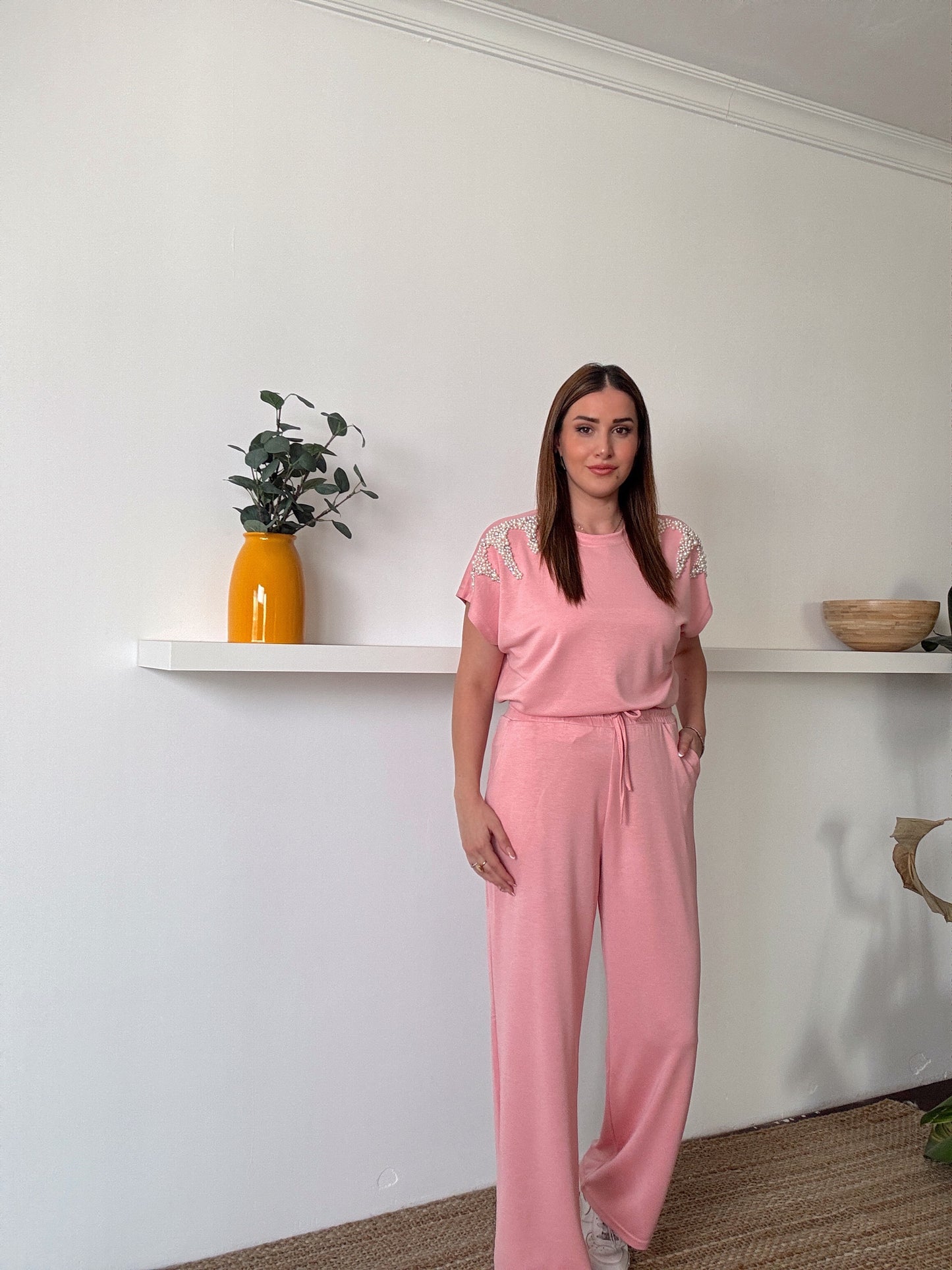 İnci İşlemeli Modal Takım Pembe