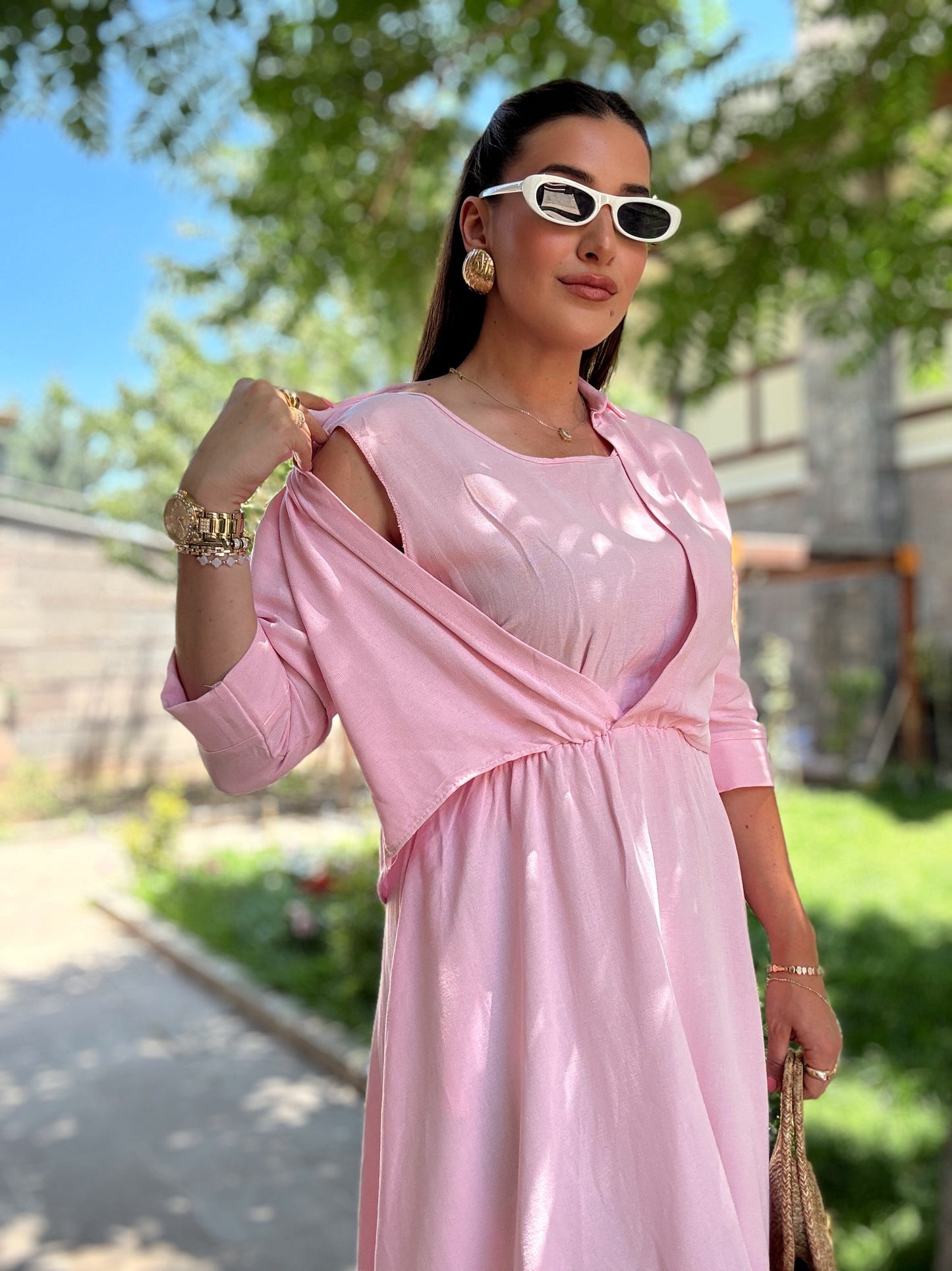 Gömlekli keten elbise Pembe