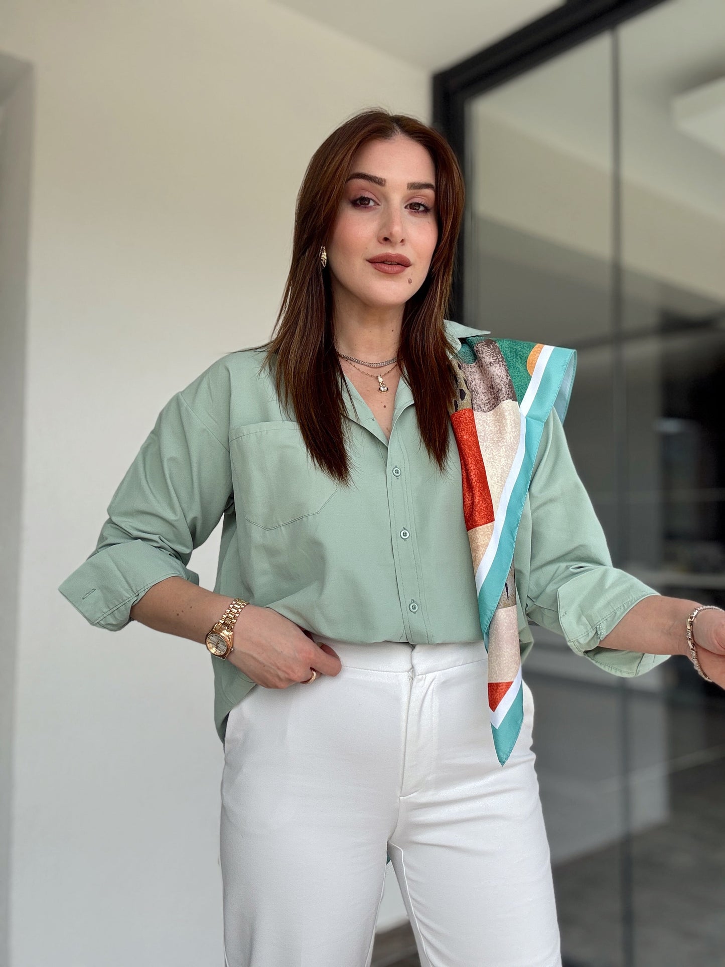 Uzun kol basic gömlek-MİNT YEŞİLİ