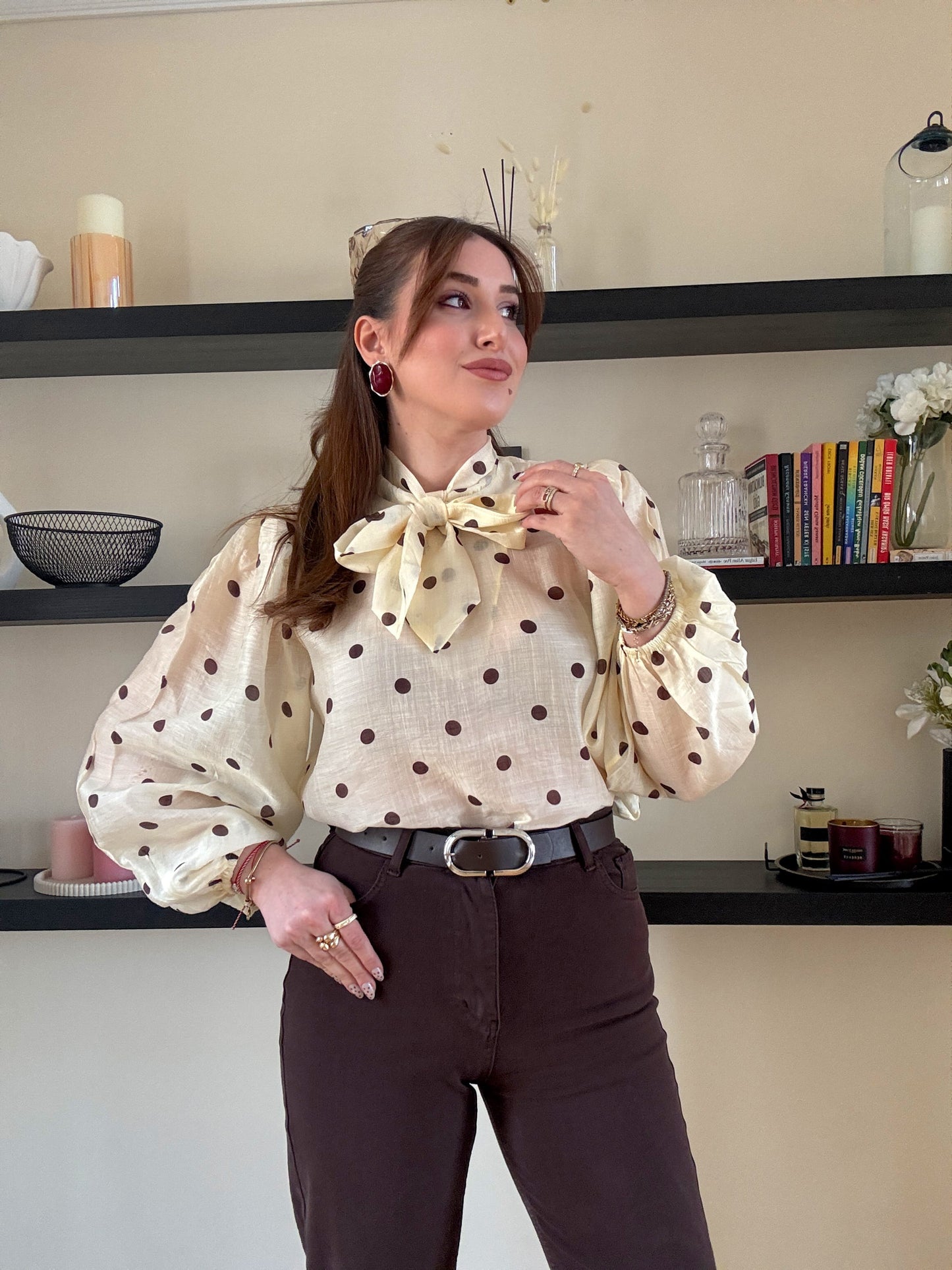 Puantiye desenli viskon gömlek açık Sarı