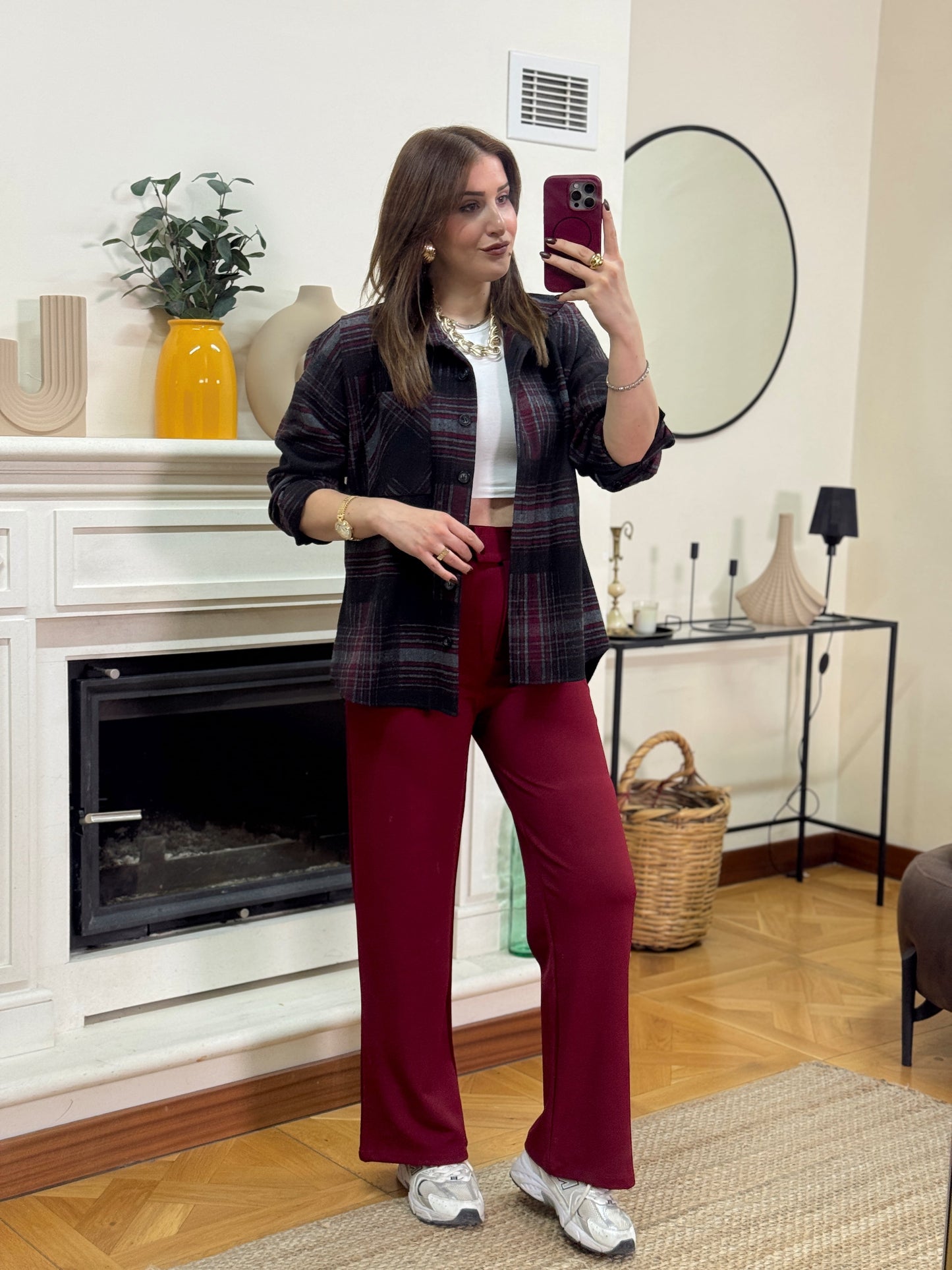 Ekose desen tek cepli gömlek BORDO