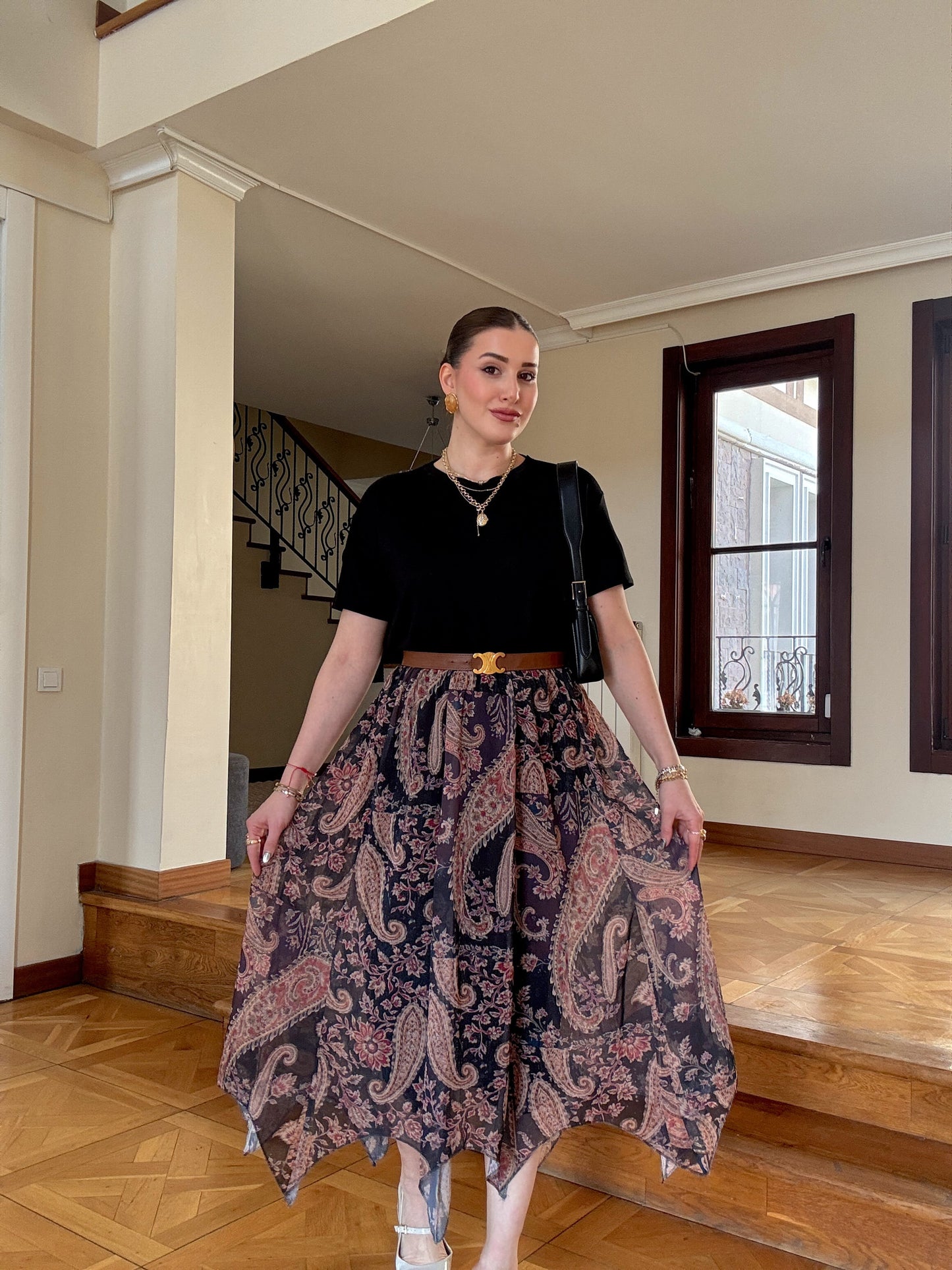 Asimetrik kesim vintage desenli şifon etek SİYAH