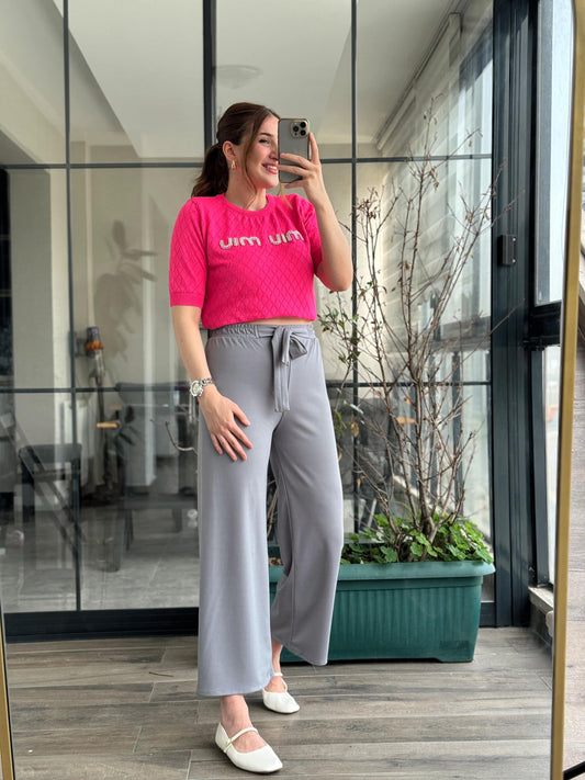 Kuşaklı Crep Kumaş Palazzo Pantolon-GRİ