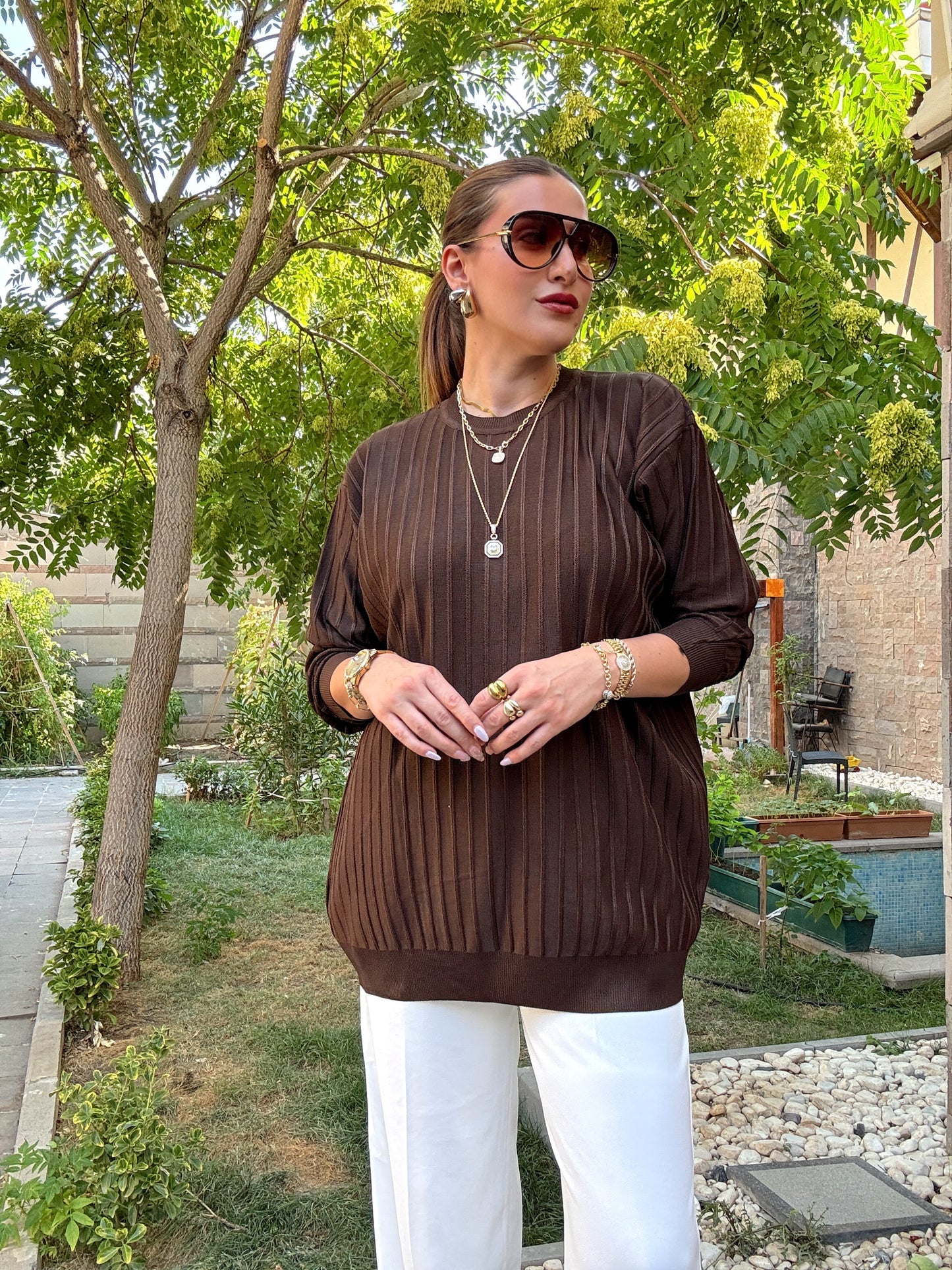 Şerit detaylı oversize premium kazak Kahve