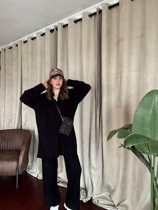 Gömlek Yaka Fitilli Pantolonlu Takım - SİYAH