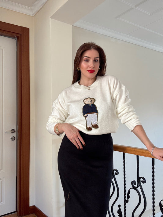 Ayıcık İşleme Yumoş Triko Kazak - EKRU-LACİVERT