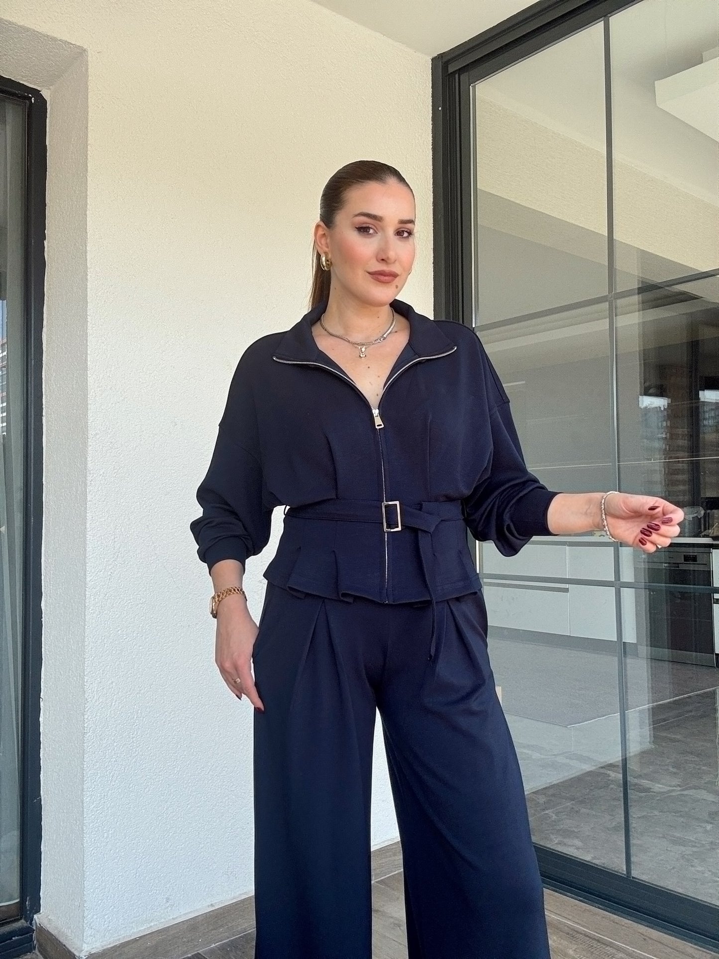 Modal kumaş dik yaka etek pileli ceket pantolon takım-LACİVERT