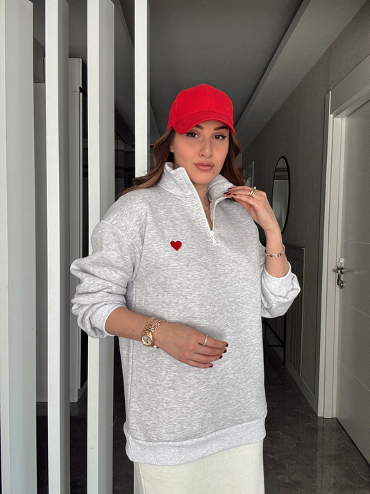 Mini Kalp İşleme Yarım Fermuar 3 İplik Sweatshirt - GRİ