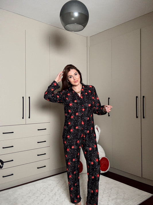 Polar yıldız desenli pijama takımı-SİYAH
