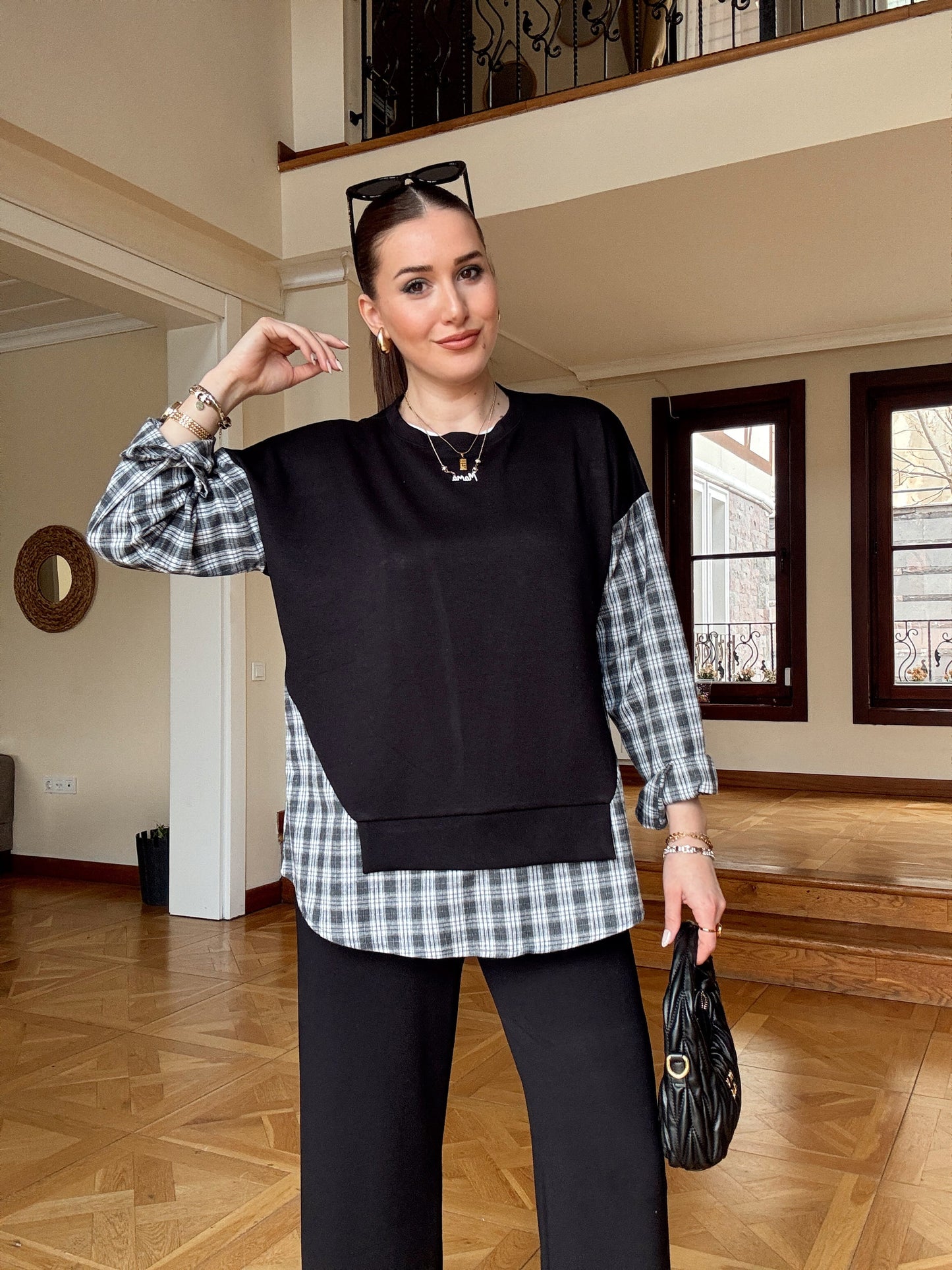 Ekose Desen Garnili Takım-SİYAH