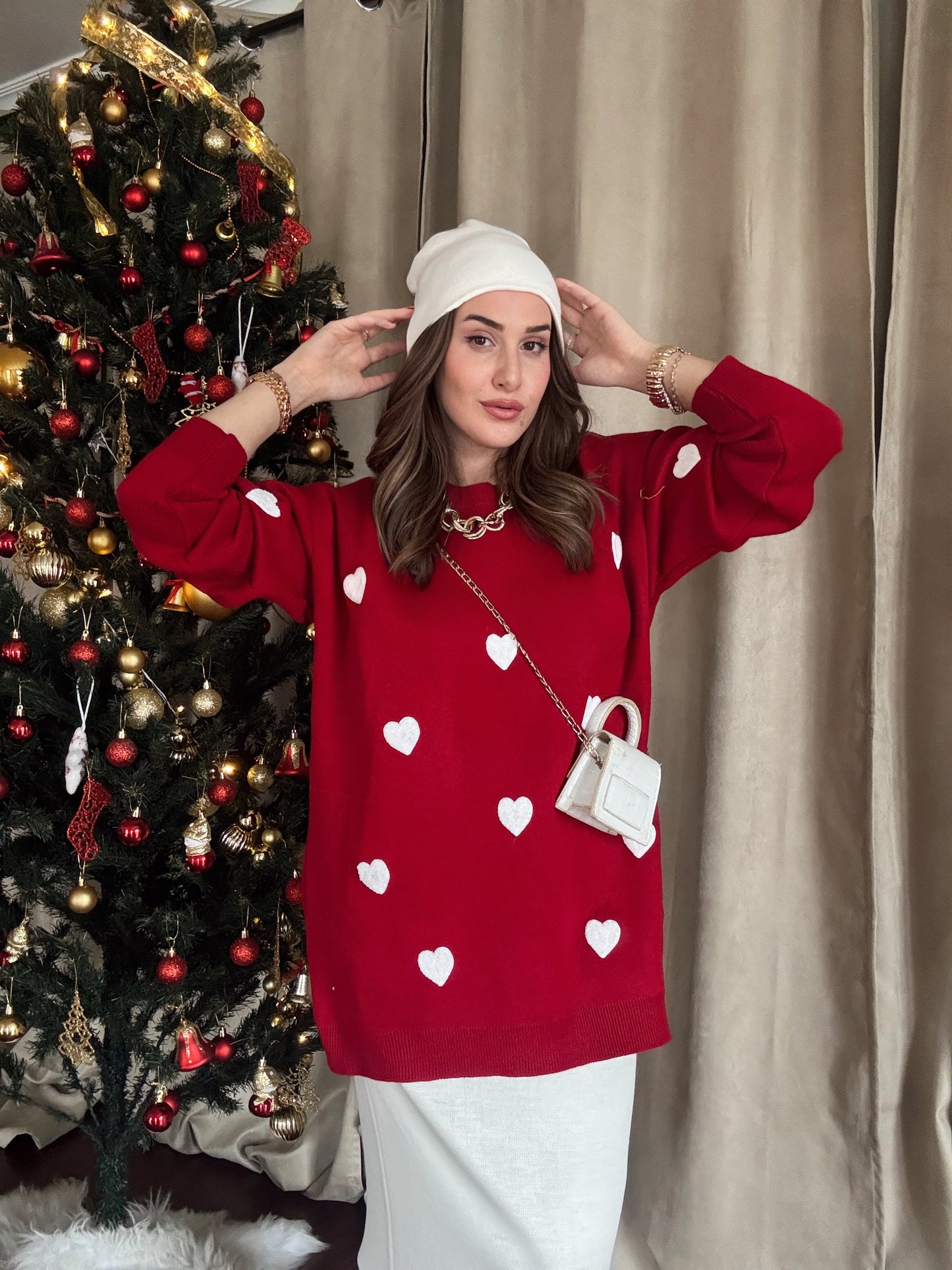 Minik Kalp Detay Triko Kazak - KIRMIZI